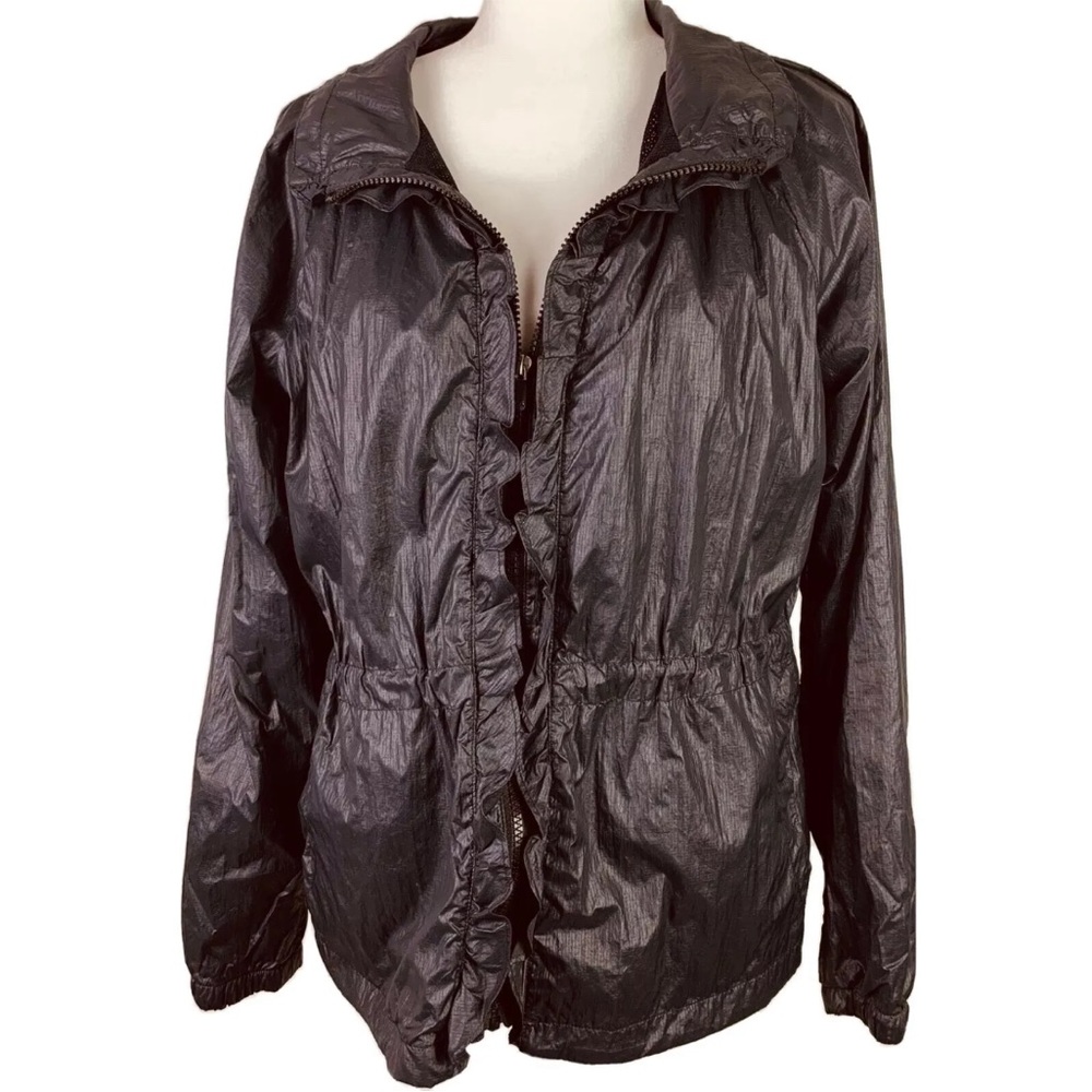 Gap Body Black Shiny Metallic Jacket Size Large Activewear Pockets Ruffle Hem